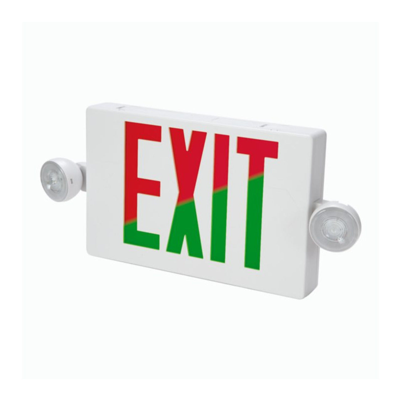LED Combination Exit Sign w/ Emergency Lights, Red/Green Letters, Remote Capacity, White Housing