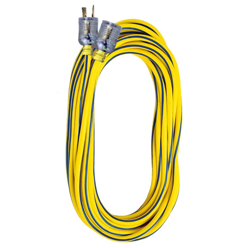 50' 12/3 Yellow/Blue Locking Extension Cord with Lighted End (L5-20)