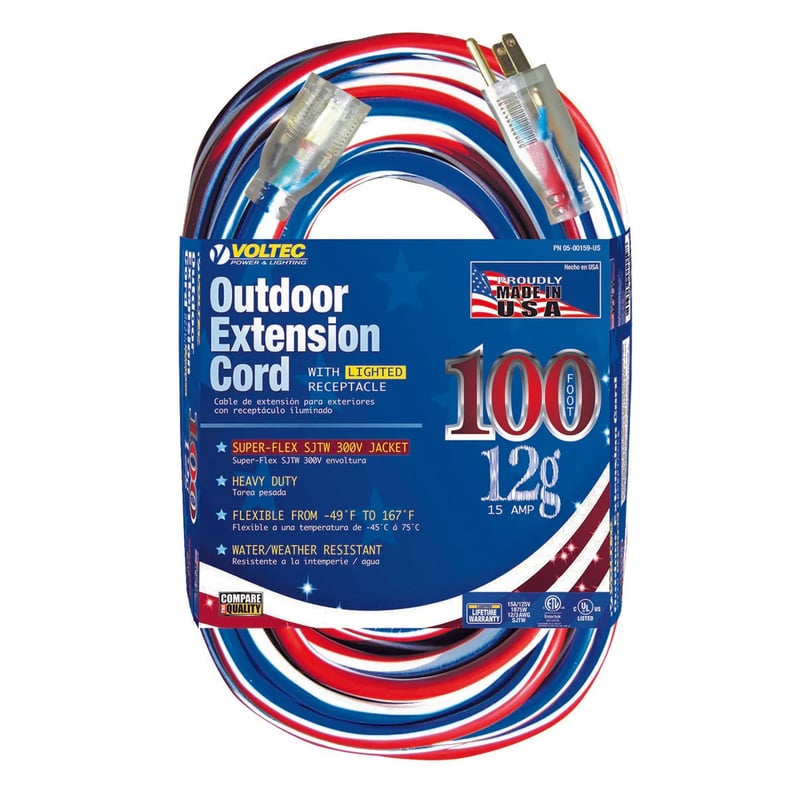 100' 12/3 Red/White/Blue Extension Cord With Lighted End