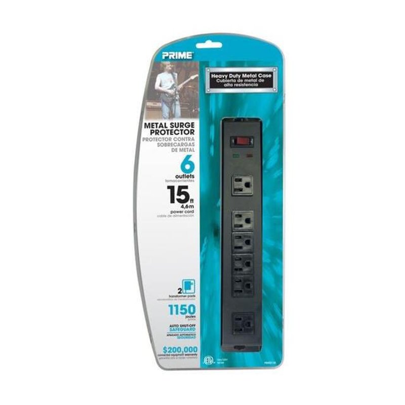 15A, 120V, 1875W, 6 Outlet Power Strip, 15ft Cord
