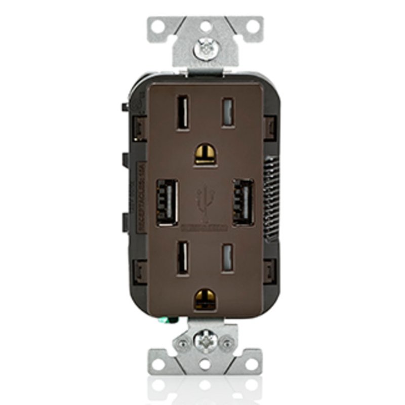 Receptacle / USB Charger Combo, 15A, Brown