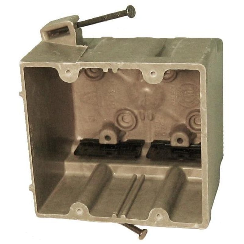 Switch/Outlet Box, 2-Gang, Depth: 3-7/16", Nail-On, Non-Metallic