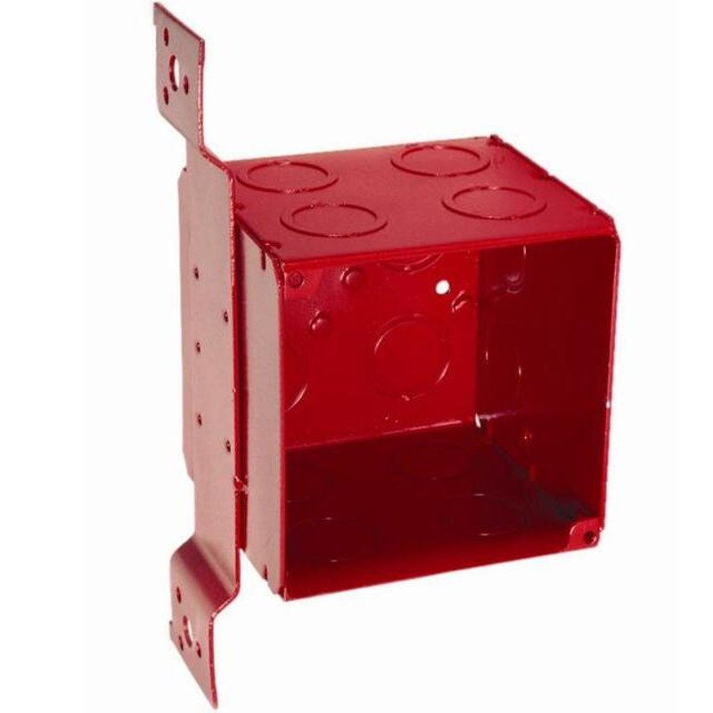 4" Square Red Alarm Box, 1/2" & 3/4" KOs, Welded, Metallic