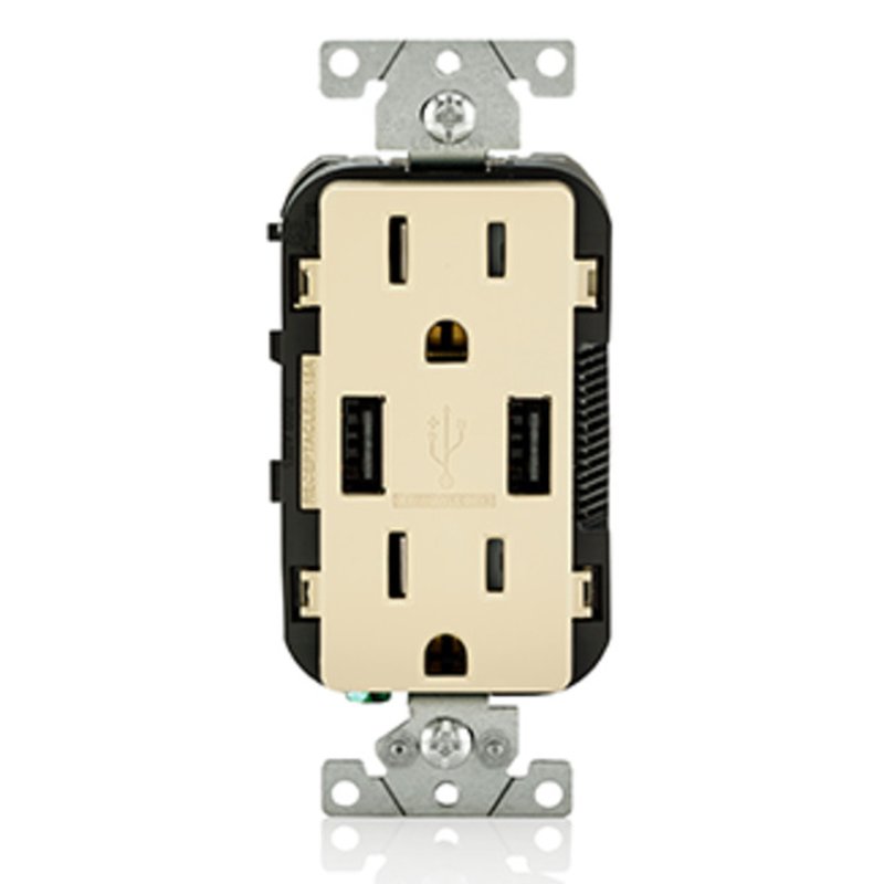 Combination USB Charger / Decora Duplex Receptacle, 15A, 125V, Ivory
