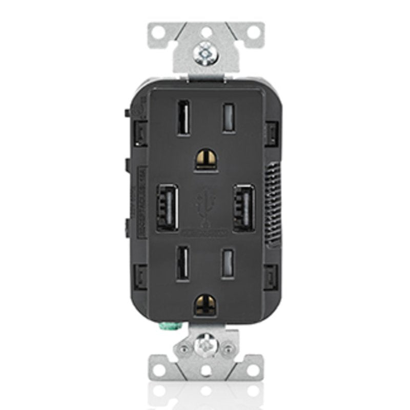 Receptacle / USB Charger Combo, 15A, Black