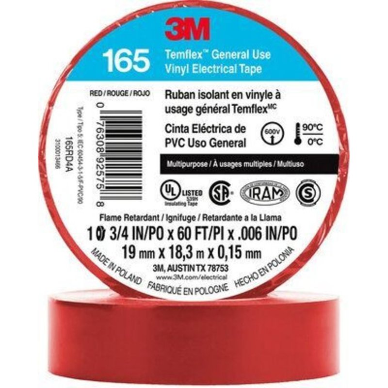General Use Vinyl Electrical Tape, Multi-Purpose, Red, 3/4" x 60'